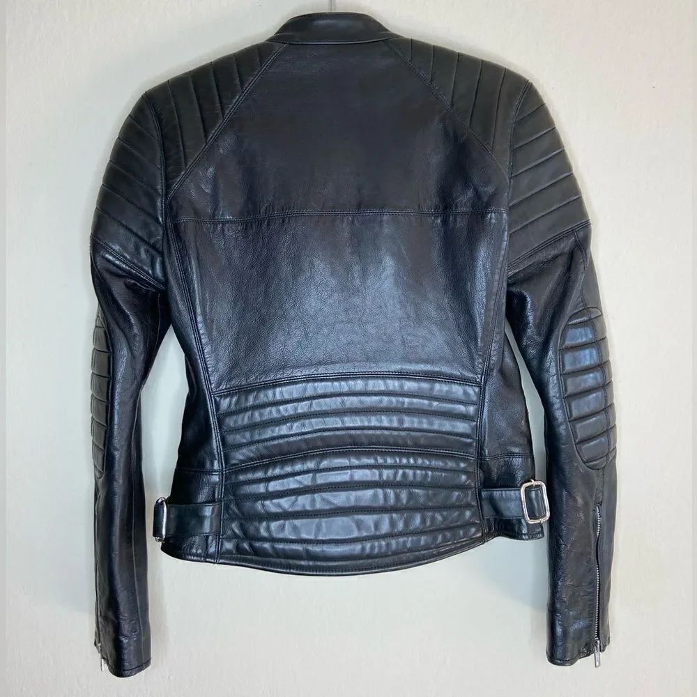 NWT Blk Dnm Padded Elbows Lambskin Leather Black Biker Jacket Size XS - Picture 7 of 11